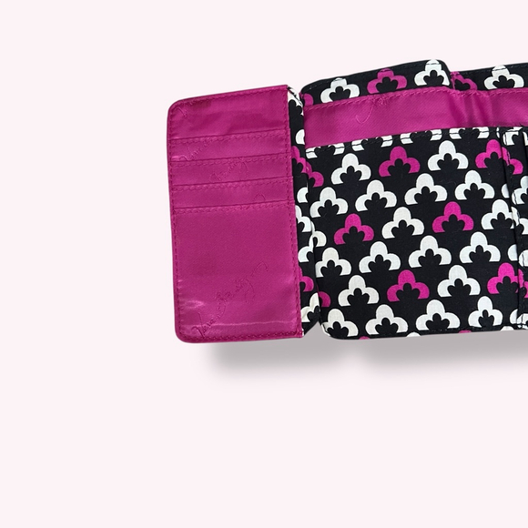 Vera Bradley Tri-Fold Wallet Accordion Quilted Cotton Black Pink ID Card Case - Picture 9 of 13